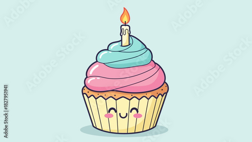 Cute cupcake with pink and blue frosting and a lit candle.