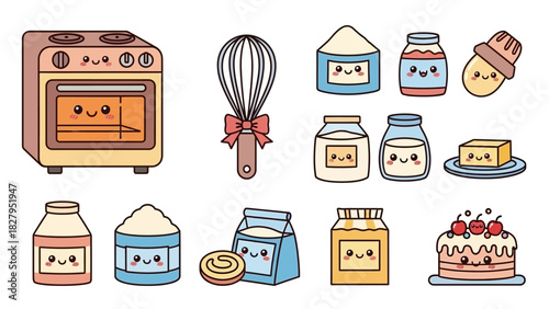 Kawaii baking ingredients and oven illustration with cute faces.