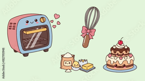 Cute baking illustration with oven, whisk, ingredients, and cake on a light green background.