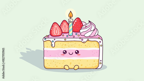 Cute slice of cake with strawberries and a candle.