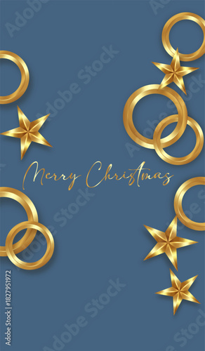 Christmas decoration border with stars and golden bauble and sparkles on blue background. Bright Merry Christmas and Happy New Year design holiday frame. Copy space for text, Vector illustration