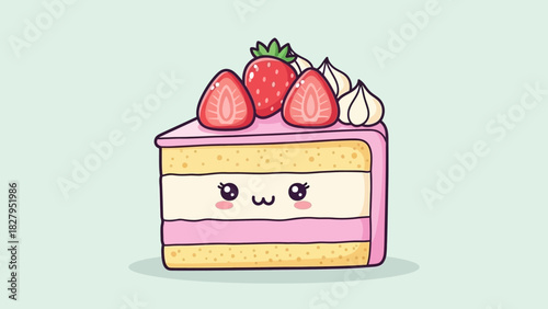Kawaii strawberry cake slice with a cute face and pink frosting.
