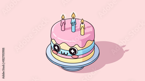 Cute cartoon cake with kawaii face and three candles on a plate.