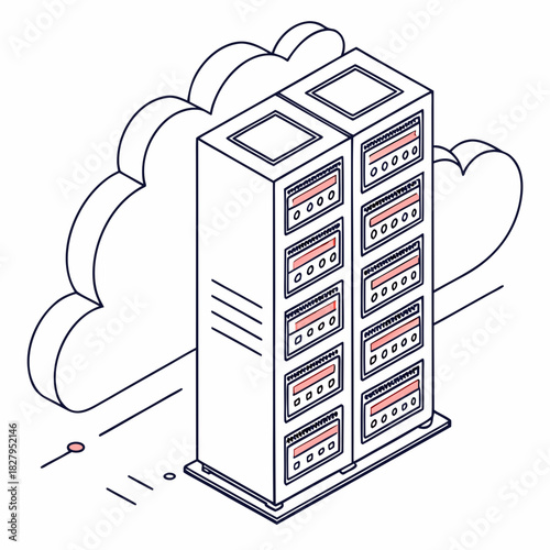 Isometric illustration of a server rack with cloud computing technology