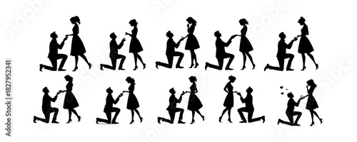 Romantic Proposal Actions Silhouette Set-proposal, silhouette, couple, engagement, proposing, kneeling, ring, vector,