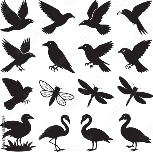 Collection of various black silhouette animals birds insects vector illustration