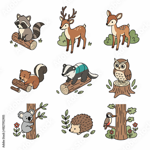 Cute Cartoon Forest Animals Wildlife Collection Set Woodland Creatures Illustration