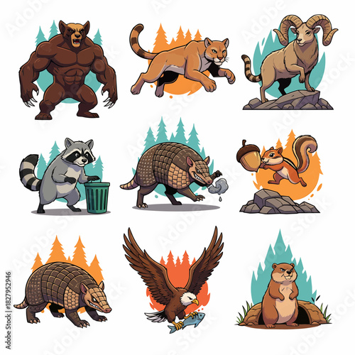 Cartoon Wild Animals Collection Woodland Creatures Set Vector Illustrations