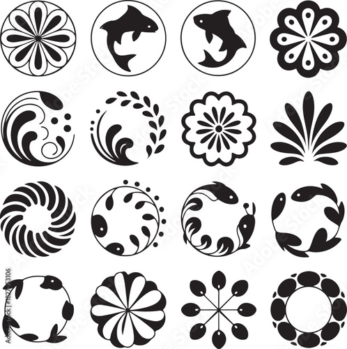 Collection of Various Floral and Aquatic Inspired Abstract Designs Black and White