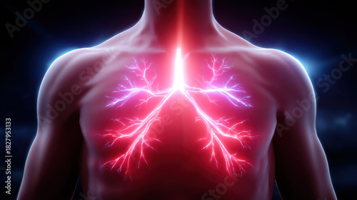 Ai diagnostics in cardiology digital interface glowing lungs on human chest showing respiratory system