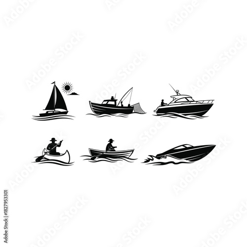 Collection of black silhouette watercraft icons including a sailboat fishing boat speed boat canoe rowboat and motorboat