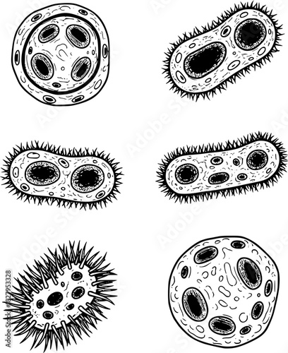 Microscopic Lifeforms: A detailed illustration showcases diverse bacteria and cells. Each form, from the round to the elongated, reveals intricate textures and structures.