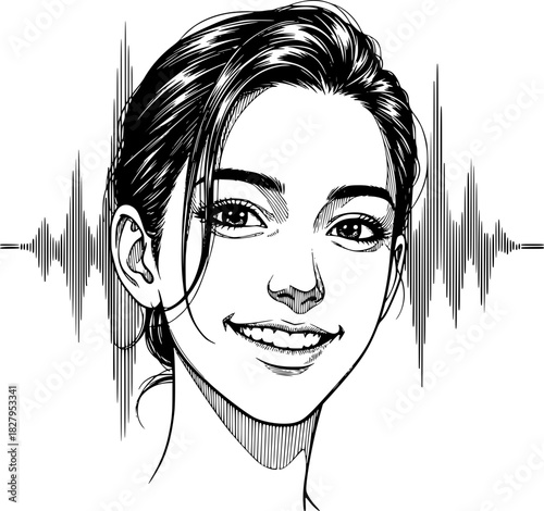 Voice of Expression: A captivating portrait of a young woman with a radiant smile, set against the backdrop of sound waves. It captures the essence of vocal expression.