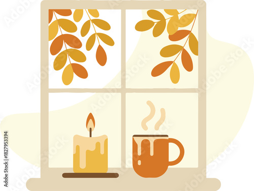 Minimalist autumn window view with steaming coffee cup and wax candle on sill featuring falling leaves pixel art vector illustration