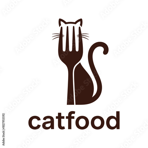 Creative logo design combining a cat silhouette with a fork and the text catfood