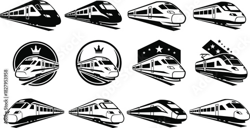 Collection of black and white high speed train vector graphics and logos bullet train