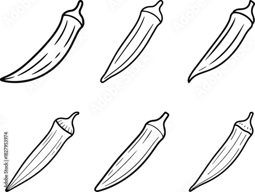 Set of Minimalist hand drawn okra pod outline icon vector