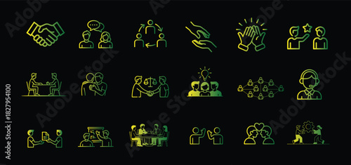 Neon Teamwork & Collaboration Icon Set — Business Meeting, Partnership, Support, Communication Vector