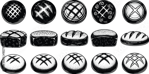 Collection of black and white illustrations of various bread loaves and circular bread designs