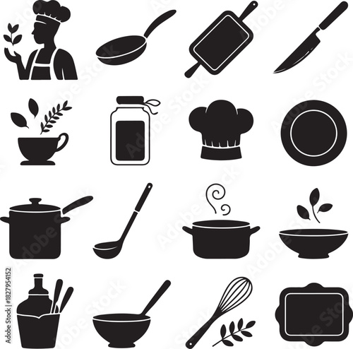 Culinary icons set various kitchen utensils and cooking tools silhouette