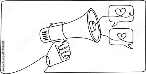 Continuous line art drawing of a hand holding a megaphone, announcing positive news and spreading love, a symbol of communication Vector, illustration