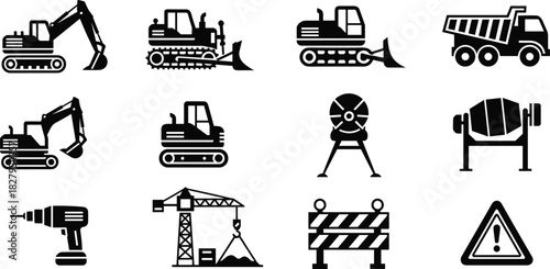 Collection of black construction equipment and safety icons on white background machinery