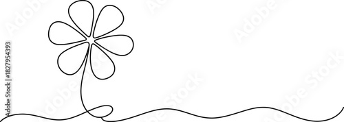 Continuous line art drawing of a single minimalist six-petal flower with a flowing, wavy stem on a pure white background, embodying grace and simplicity. Vector, illustration