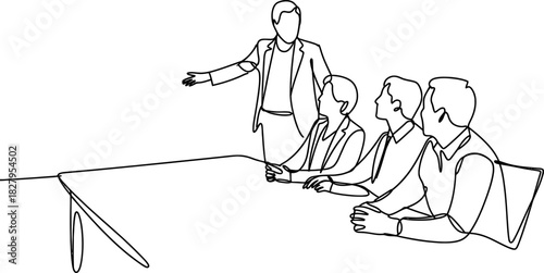 Continuous line drawing of a business meeting or presentation with a speaker addressing an attentive audience seated at a table, discussing ideas. Vector, illustration