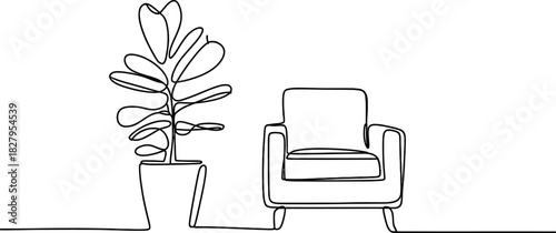 Continuous line drawing of a minimalist armchair and a potted houseplant, simple interior design concept, modern single line art vector illustration Vector, illustration
