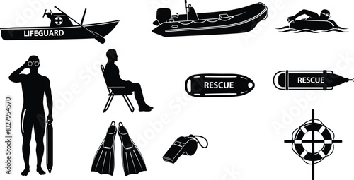 Collection of black silhouette icons representing lifeguard equipment and activities