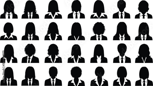 Collection of black silhouette portraits of diverse business professionals in formal attire
