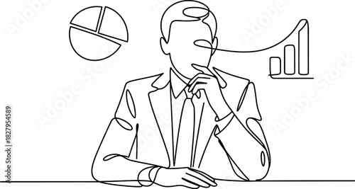 Businessman deep in thought, analyzing financial data and business growth trends, depicted in continuous line art vector. Vector, illustration
