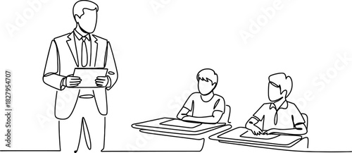 Male teacher in suit holding a tablet instructing two diligent young male students at desks in a classroom, continuous line drawing education concept. Vector, illustration