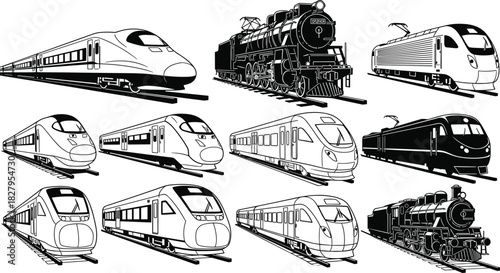 Collection of diverse train illustrations including modern bullet trains and vintage steam locomotives