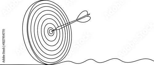 Continuous line drawing of a dart hitting the bullseye on a target board, symbolizing success, goal achievement, accuracy, and precision. Vector, illustration