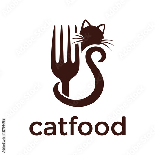 Creative logo design combining a fork silhouette with a cat s tail and head for cat food brands
