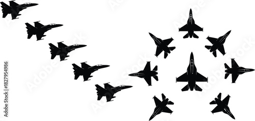 Multiple black silhouette fighter jets in formation and scattered across a white background