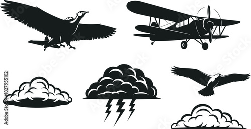 Silhouette eagle and biplane flying near stylized clouds and lightning bolt eagle silhouette