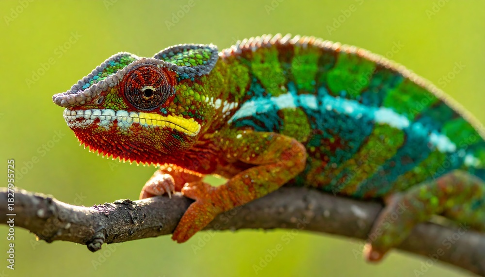 Fototapeta premium Colorful chameleon sits on a twig with a green blurred background