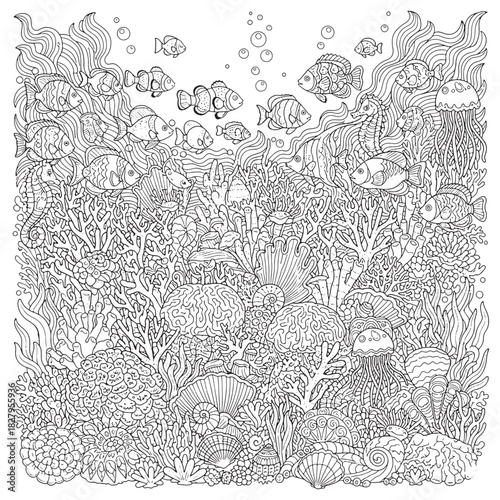 Design Coloring Page Ocean Coral Fish Doodle Pro Vector