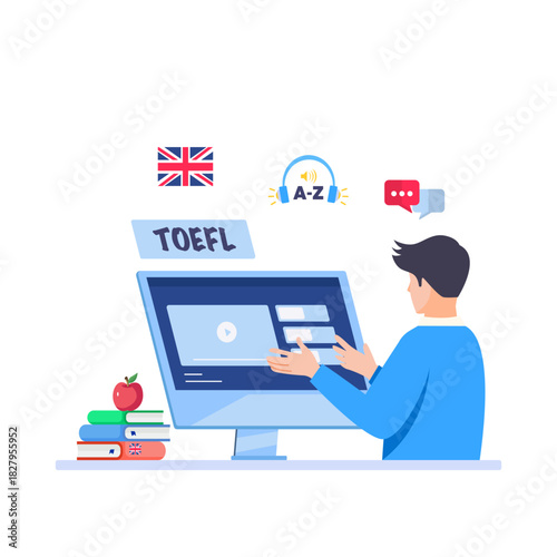 Illustration of TOEFL exam concept. English online study. Illustration for websites, landing pages, mobile apps, posters and banners.