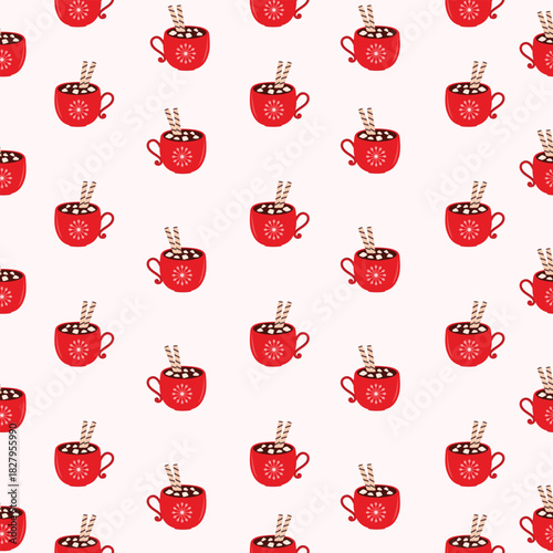 Seamless cozy winter pattern with cute red tea and coffee mugs, steam, and simple festive details. Perfect for holiday wrapping paper, textiles, stationery, and digital backgrounds.