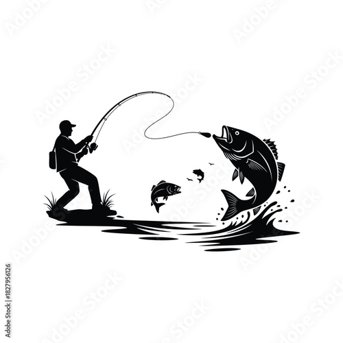 Silhouette of a fisherman casting a line as a large bass leaps from the water with smaller fish nearby