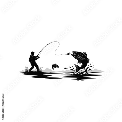 Silhouette of a fisherman casting a line as a large bass leaps from the water with a lure in its mouth