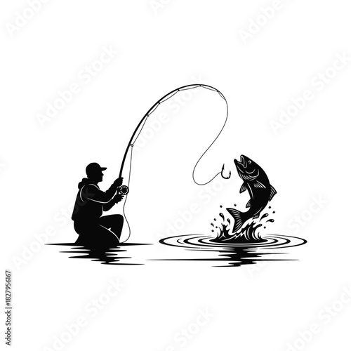 Silhouette of a fisherman reeling in a jumping fish on a white background with water ripples