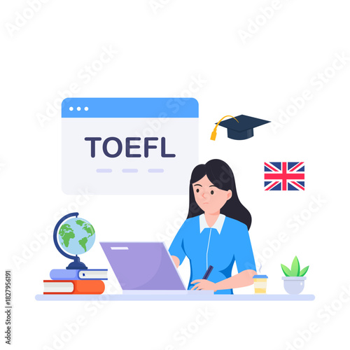 Illustration of TOEFL exam concept. English online study. Illustration for websites, landing pages, mobile apps, posters and banners.