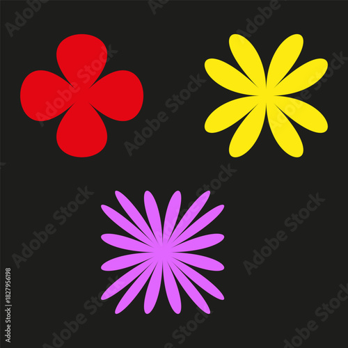 Abstract flower shapes. Colorful bloom set. Organic petal Vector. Dark background design.