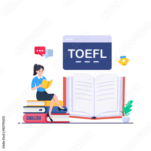 Illustration of TOEFL exam concept. English online study. Illustration for websites, landing pages, mobile apps, posters and banners.