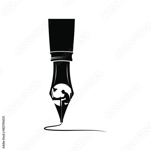Silhouette of a person working on a laptop inside a fountain pen nib creating ink line on white background