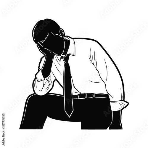 Silhouette of a stressed businessman with head in hand contemplating difficult decisions or problems